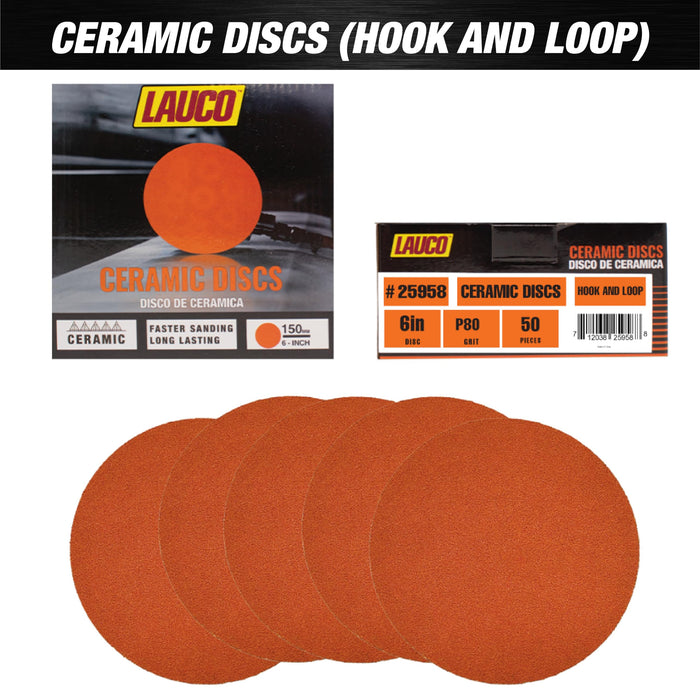 Premium 6" Hook and Loop Sanding Ceramic Discs (Box of 50) - Hook and Loop Backing Discs for DA Orbital Sanders - Automotive Sanding Wood Furniture Finishing (GRIT-80) 25958
