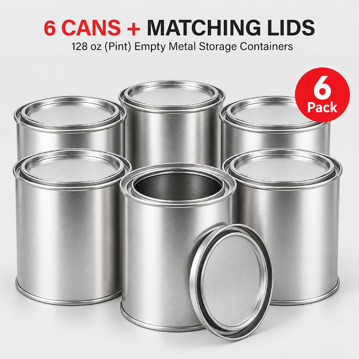 LAUCO Empty Paint Cans with Lids, 128 oz (1 Gallon), 6 Pack, Durable Tin-Plated Steel Storage Containers for DIY Projects, Workshop Organization & General Storage 9077