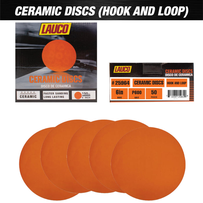 Premium 6" Hook and Loop Sanding Ceramic Discs (Box of 50) - Hook and Loop Backing Discs for DA Orbital Sanders - Automotive Sanding Wood Furniture Finishing (GRIT- 600) 25964