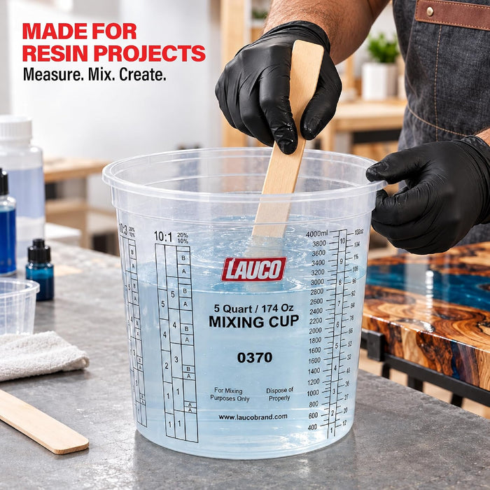 Box of 40 - Paint & Epoxy Mixing Cups Buckets - 174 Ounce (5-Quart) - Calibrated Mixing ratios on Side - Solvent Resistant, Reusable Clear Plastic Cups for Paint, Epoxy, Resin, Oil, Thinner (40) 0370