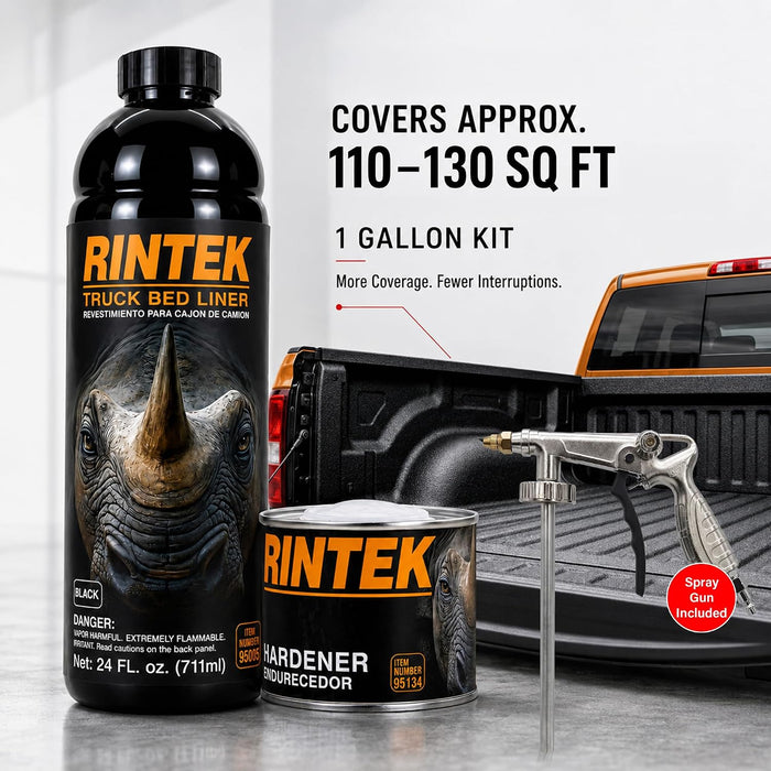 Rintek Urethane Spray On Truck Bed Liner Kit, Durable Textured Coating Mix, Shake & Shoot 1 Gallon, Black, with Spray Gun