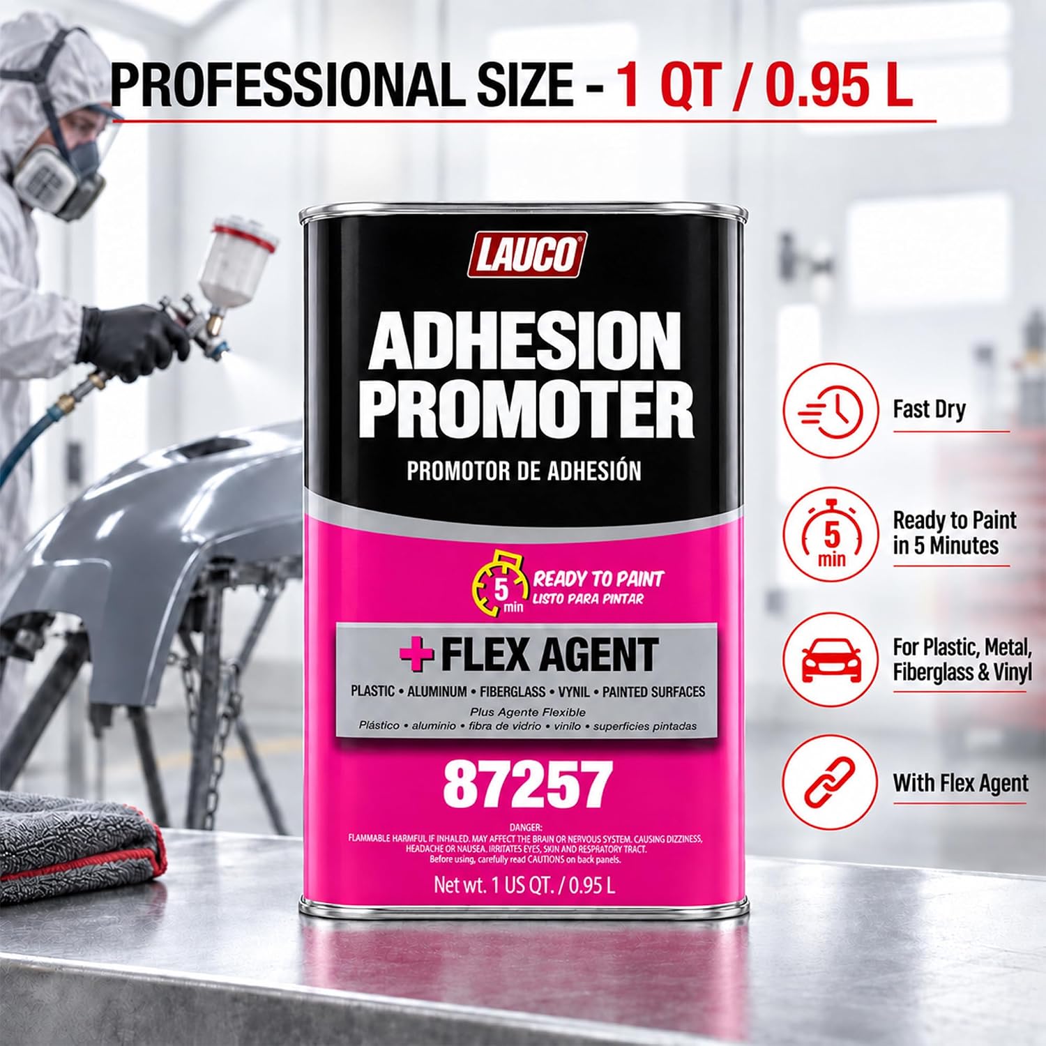 LAUCO Adhesion Promoter Quart, Automotive Surface Adhesion Enhancer with Flex Agent for Plastic, Metal, Fiberglass, and Vinyl, Fast Dry, Ready to Paint in 5 Minutes 87257