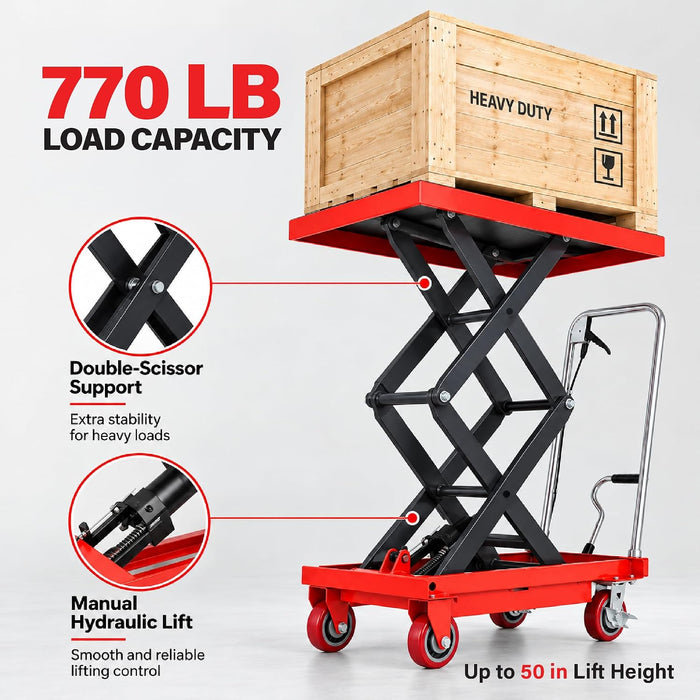 Hydraulic Scissor Lift Cart 770 Lbs, 50-Inch, Double Scissor Lift Table