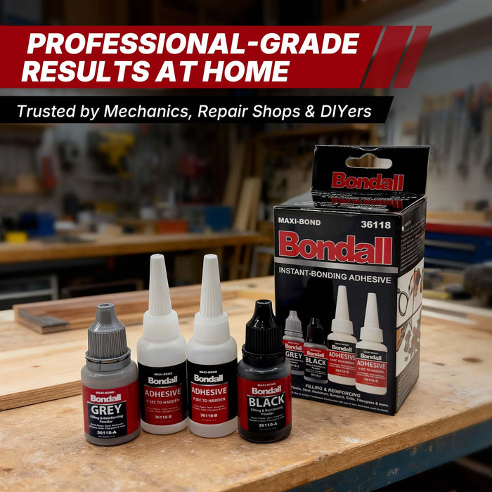 BONDALL Instant Bonding Adhesive Repair Kit, 4PC Set with (2) Super Glue Bottles, Plastic & Metal Reinforcing Powders (Black & Grey), Strong Waterproof Adhesive. (BONDALL - 1 Pack)