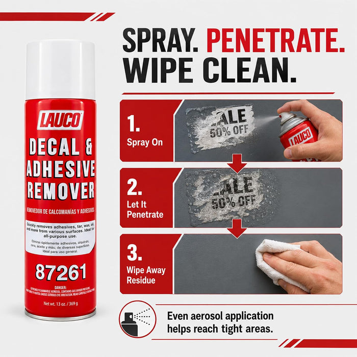 LAUCO Decal & Adhesive Remover, 13 oz Aerosol Spray – Removes Stickers, Tar, Wax, Oil, Bugs, Sap – Safe on Cured Paint, Vinyl & Fabrics, Single & Multi-Pack Option Pack of 2