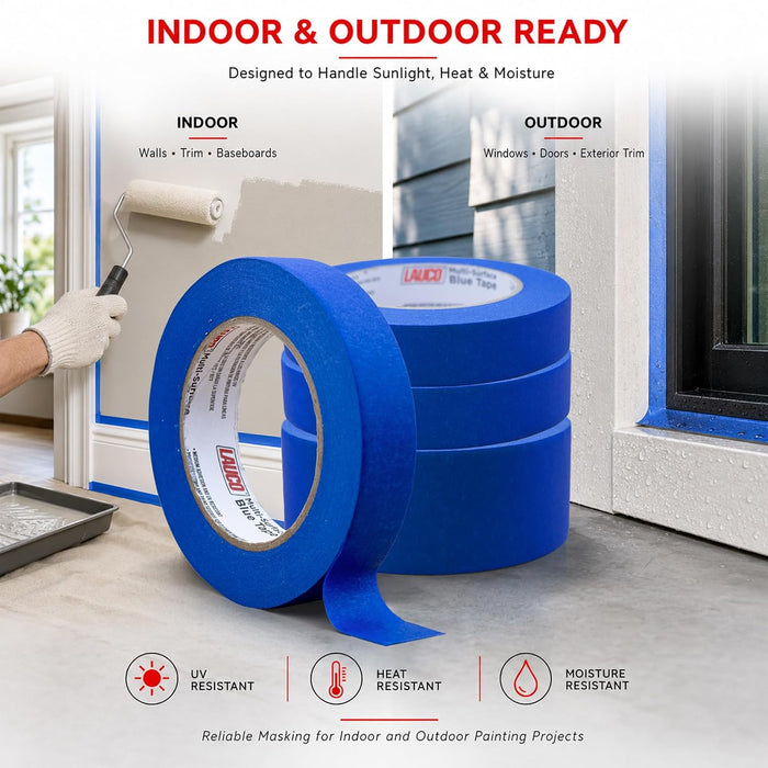 LAUCO Multi-Surface Blue Painter’s Masking Tape, 9 Rolls, Medium Adhesion, UV-Resistant, Clean Removal, 0.94 in x 60 yds (48mm x 55m) Rolls, Ideal for Indoor & Outdoor Painting, Trim, Walls