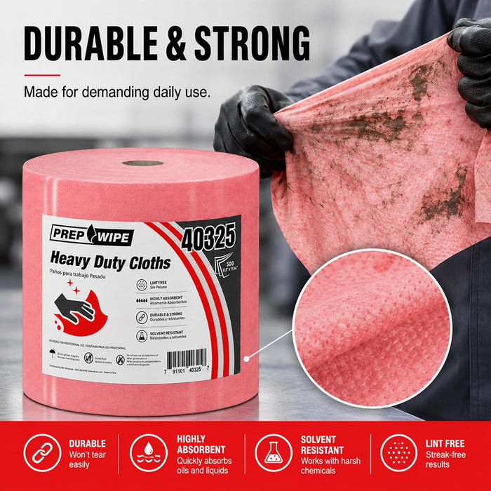 Prep-Wipe Industrial Wipes Jumbo Roll 10", Heavy Duty Pink Cleaning Towels