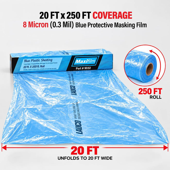 LAUCO MAXIFILM 20ft x 250 ft Roll of Blue Overspray Paintable Plastic Sheeting - 8 Micron, 0.3 Mil, Protective Corona Treated Masking Film Cover - Auto Car Painting, Bodyshop Repair, House Paint Cloth