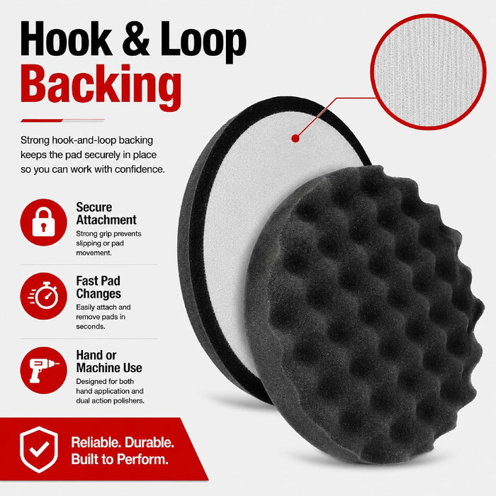 LAUCO Black Foam Waffle Buffing Pad – Single Sided - Final Buff Polish Wax - Hook & Loop – 8” inch (203.2 mm) 8998
