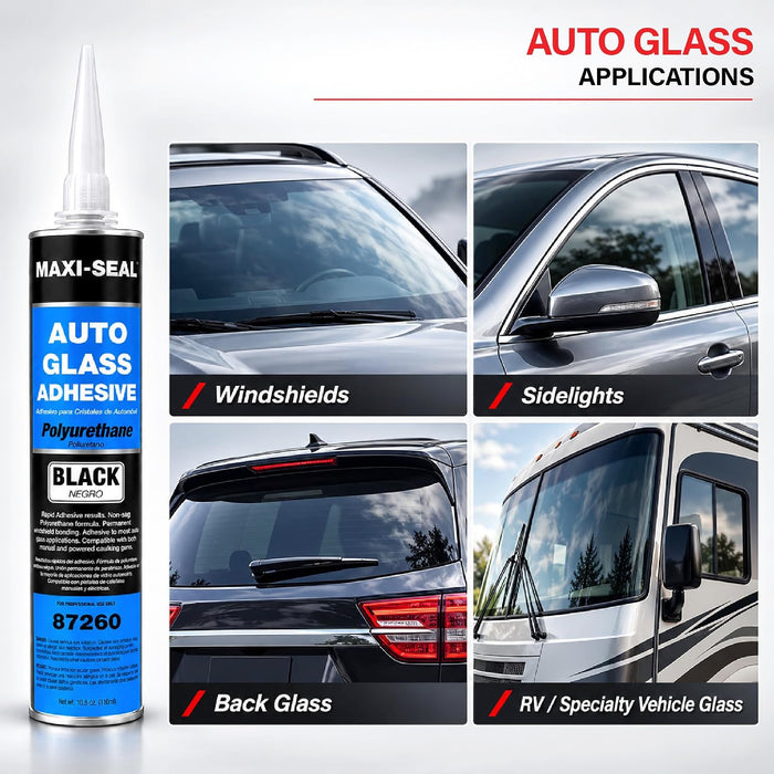 Maxi-Seal Black Polyurethane Windshield Adhesive with Fast Curing Non-sag Formula - 10.5oz Tube + ﻿Applicator Tip﻿ - High Bond Strength Window Sealant - Weather Resistant Auto Glass Adhesive (1 Pack)