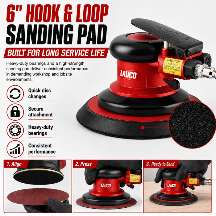 6-Inch Pneumatic Random Orbital Air Sander, 12,000 RPM, Low Vibration, 6" Hook & Loop Sanding Pad, Professional DA Air Sander for Auto Body, Woodworking & Metal Finishing