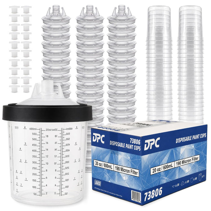 LAUCO Disposable Paint Spray Gun Cups Liners 600ml | 20oz | 190 Micron with Lid System 50 Cup Liners, 50 Lids, 1 Hard Cup w/Retainer Ring and 20 Plugs - Compatible w/Original 1.0 System