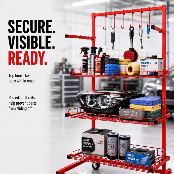 LAUCO B Series 3Shelf Auto Parts Storage Cart & Rack Stand for Garage, Workshop, Mechanic Shop, Heavy Duty Steel Construction, High Capacity, Space-Saving Organizer, Mobile & Stationary Use 07755