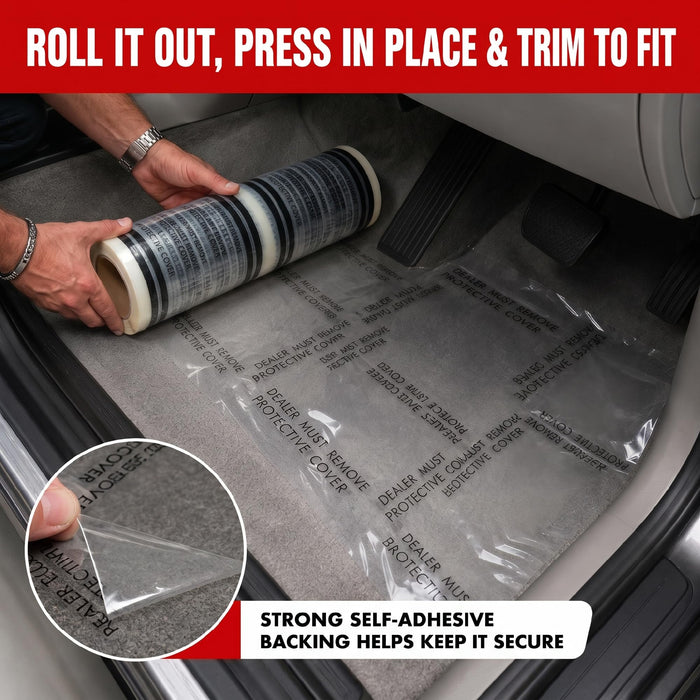 MAXIFILM 4 mil Adhesive Automotive Clear Plastic Carpet Protector Film Roll 24 inch x 200 feet, Sticky Car Carpet Cover Sheets, Perforated Every 21” - 100 Mats Per Roll 1886