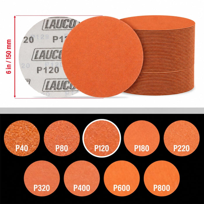Premium 6" Hook and Loop Sanding Discs (Box of 50) - Hook and Loop Backing Discs for DA Orbital Sanders - Automotive Sanding Wood Furniture Finishing (GRIT-120) 25959