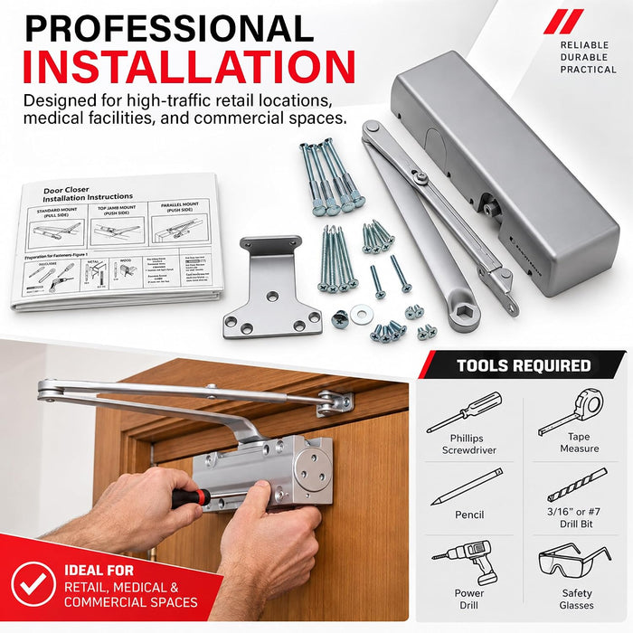 Commercial Door Closer Size 1-6, Heavy Duty Cast Iron Automatic Door Closer, Grade 1 ANSI/BHMA, UL Listed 3 Hour Fire Rating, Adjustable Speed, Reversible, 24-60 Inch Doors, 62801