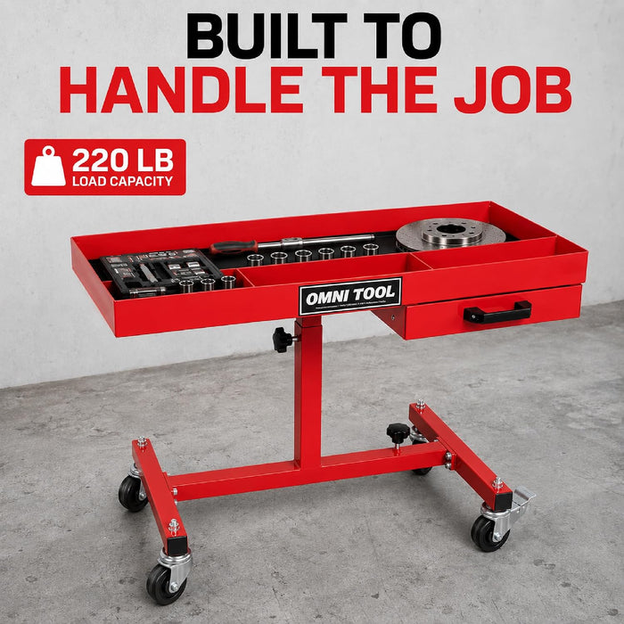 Rolling Work Table with Drawer, Adjustable Height & Width Mobile Tool Tray, 220 lb Capacity Steel Mechanic Cart with 4 Swivel Casters for Garage, Shop & Automotive Repair, Red [39102]