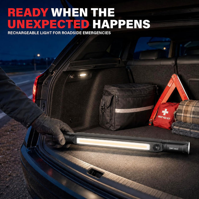 Omni Tools 1200+ Lumen Rechargeable Underhood Work Light Magnetic Mount, Adjustable Brightness, 360° Rotating Hooks, USB-C Charging Ideal for Mechanics, Garage, and Emergency Use 33118