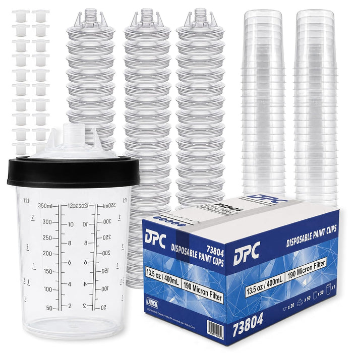 LAUCO Disposable Paint Spray Gun Cups Liners 400ml | 13.5oz |190 Micron with Lid System 50 Cup Liners, 50 Lids, 1 Hard Cup w/Retainer Ring and 20 Plugs - Compatible w/Original 1.0 System