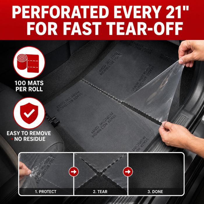 MAXIFILM 4 mil Adhesive Automotive Clear Plastic Carpet Protector Film Roll 24 inch x 200 feet, Sticky Car Carpet Cover Sheets, Perforated Every 21” - 100 Mats Per Roll 1886