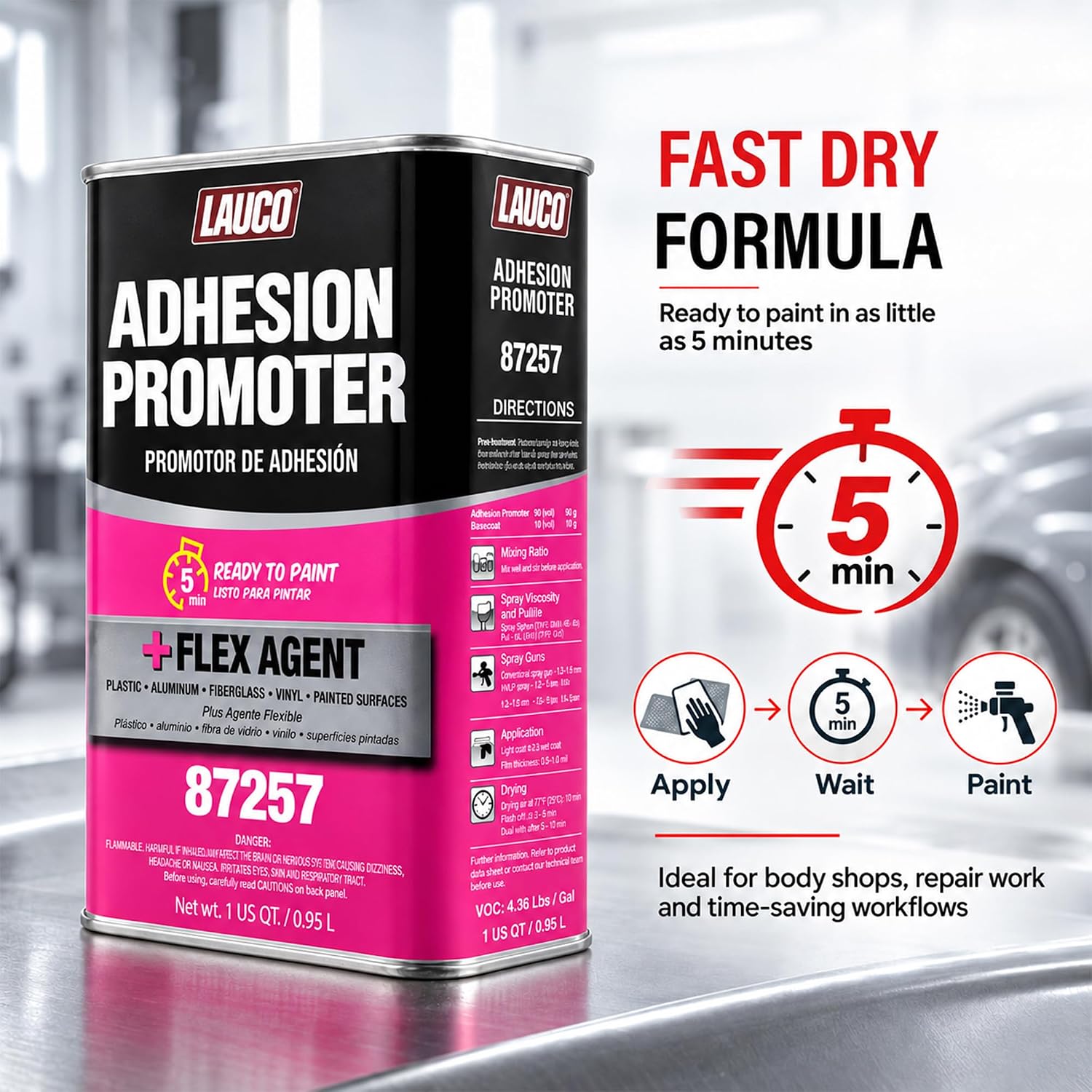 LAUCO Adhesion Promoter Quart, Automotive Surface Adhesion Enhancer with Flex Agent for Plastic, Metal, Fiberglass, and Vinyl, Fast Dry, Ready to Paint in 5 Minutes 87257