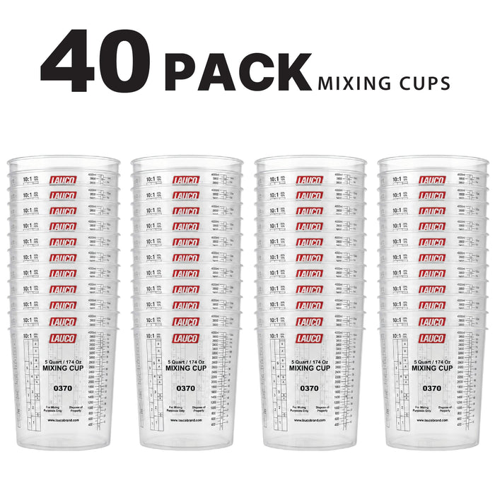 Box of 40 - Paint & Epoxy Mixing Cups Buckets - 174 Ounce (5-Quart) - Calibrated Mixing ratios on Side - Solvent Resistant, Reusable Clear Plastic Cups for Paint, Epoxy, Resin, Oil, Thinner (40)
