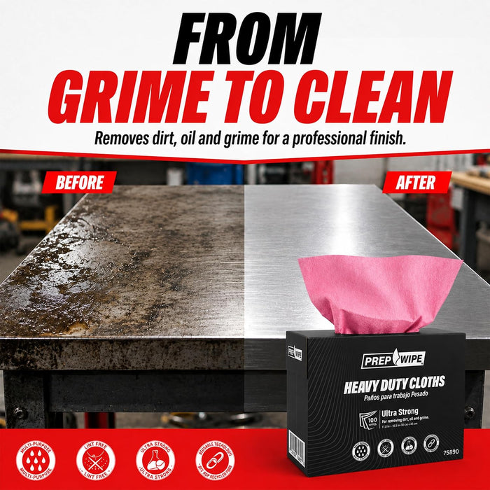 Prep Wipe Lint Free Cleaning Towels, Pink, 9" x 17" Heavy Duty Cleaning Cloths, Lint Free Wipes, Cleaning Cloths for House & Industrial Use, Disposable Cleaning Rags, Pack of 100 Sheets