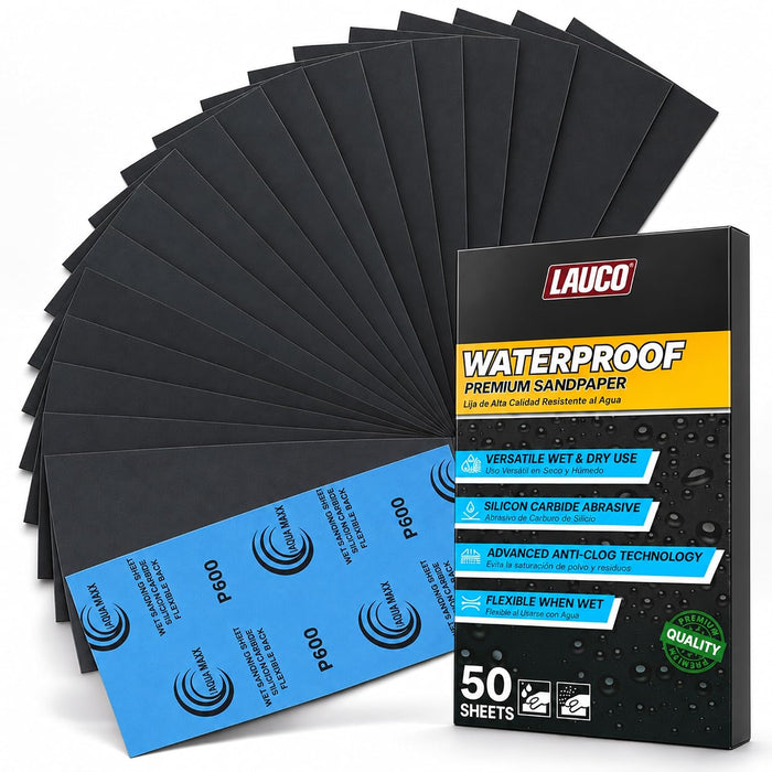 Aqua Maxx Wet Dry Sandpaper Sheets 600 Grit, 50 Pack Waterproof Silicon Carbide Abrasive Paper, 9 x 5.5 Inch Sanding Sheets for Automotive Paint Preparation, Woodworking, Metal Finishing 9058