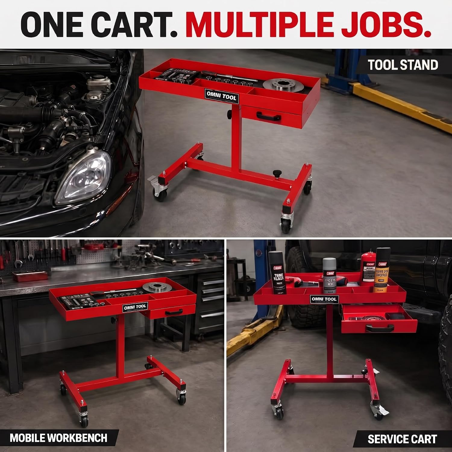 Rolling Work Table with Drawer, Adjustable Height & Width Mobile Tool Tray, 220 lb Capacity Steel Mechanic Cart with 4 Swivel Casters for Garage, Shop & Automotive Repair, Red [39102]