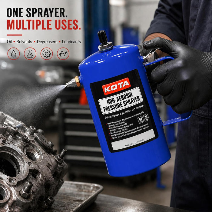 LAUCO Non Aerosol Pressure Sprayer - Refillable Pressurized Sprayer Bottle for Oil, Solvent, Degreasers, Lubricants - Rechargeable Steel Canister with Brass Nozzles, 32oz. (1, Blue) 69533