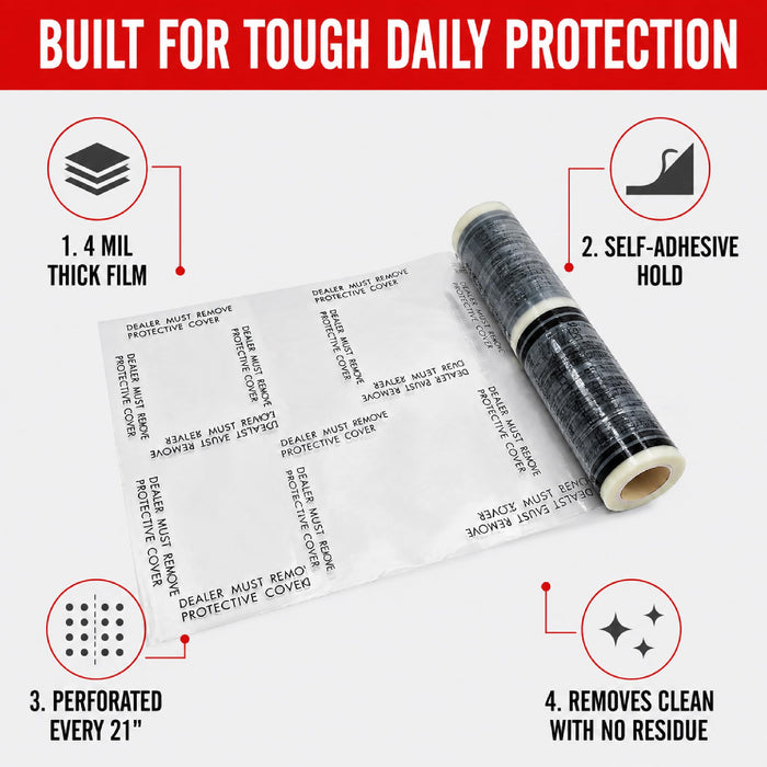 MAXIFILM 4 mil Adhesive Automotive Clear Plastic Carpet Protector Film Roll 24 inch x 200 feet, Sticky Car Carpet Cover Sheets, Perforated Every 21” - 100 Mats Per Roll 1886