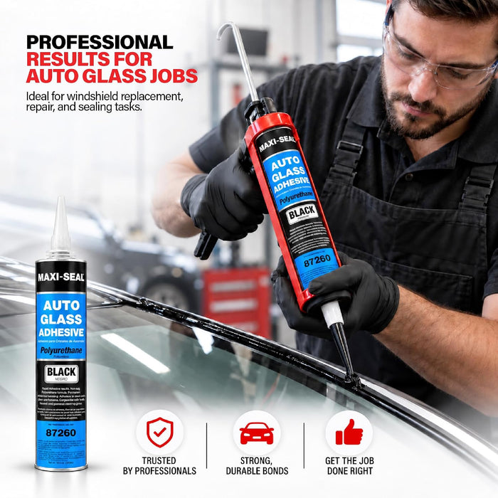 Maxi-Seal Black Polyurethane Windshield Adhesive with Fast Curing Non-sag Formula - 10.5oz Tube + ﻿Applicator Tip﻿ - High Bond Strength Window Sealant - Weather Resistant Auto Glass Adhesive (12 Pack)