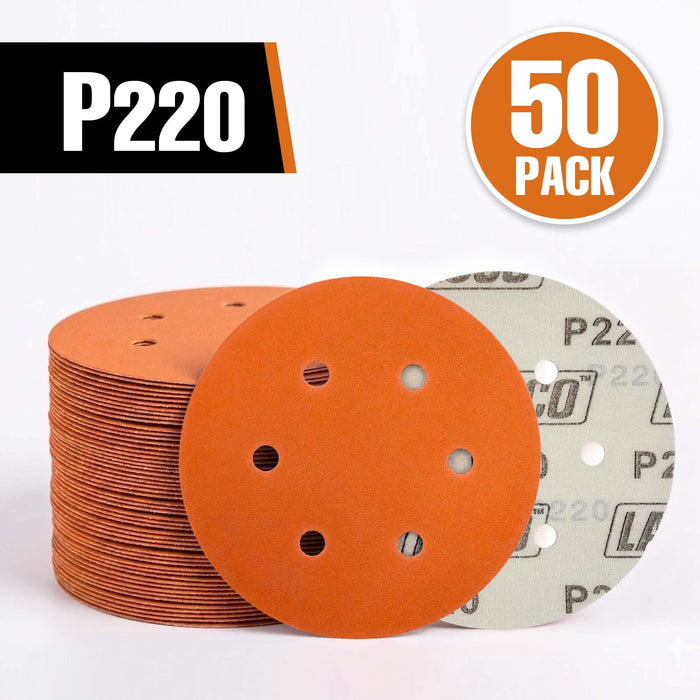 50 PCS 6 Inch 6 Hole Ceramic Sanding Discs P220 Grit, Hook and Loop Orbital Sandpaper, Heavy Duty Sandpaper for Wood, Metal, Automotive, Paint Removal