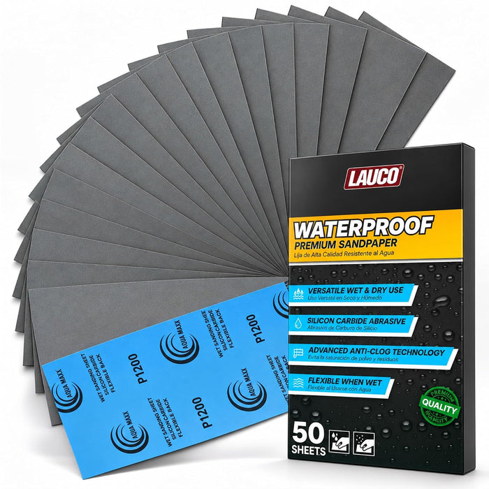Aqua Maxx Wet Dry Sandpaper Sheets 1200 Grit, 50 Pack Waterproof Silicon Carbide Abrasive Paper, 9 x 5.5 Inch Fine Finishing Sanding Sheets for Automotive Paint, Detailing, Woodworking, Metal 9057
