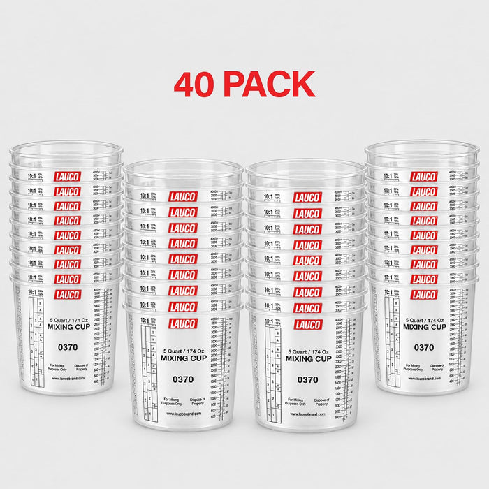 Box of 40 - Paint & Epoxy Mixing Cups Buckets - 174 Ounce (5-Quart) - Calibrated Mixing ratios on Side - Solvent Resistant, Reusable Clear Plastic Cups for Paint, Epoxy, Resin, Oil, Thinner (40) 0370