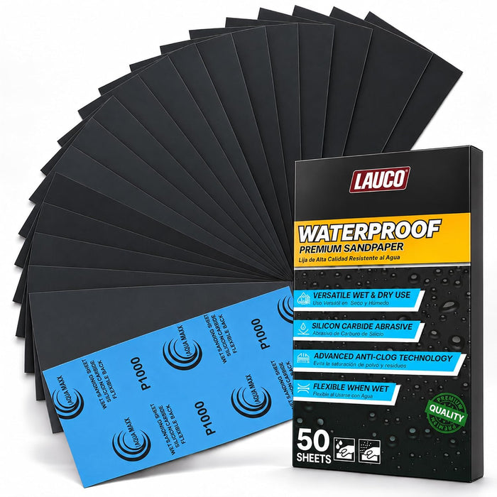 Aqua Maxx Wet Dry Sandpaper Sheets 1000 Grit, 50 Pack Waterproof Silicon Carbide Abrasive Paper, 9 x 5.5 Inch Fine Finishing Sanding Sheets for Automotive Paint, Woodworking, Metal, Polishing 25933