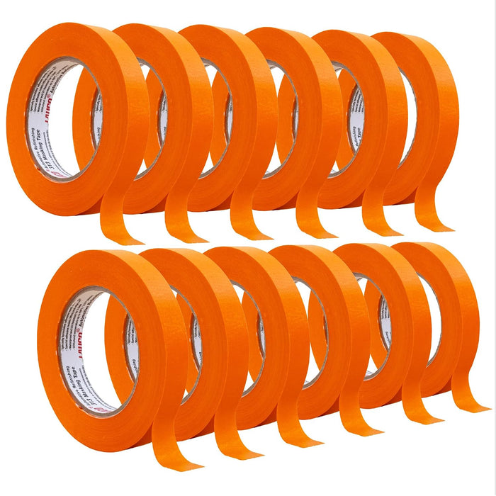 Orange Masking Tape 3/4 in x 60 Yd, 12 Rolls, Automotive Painting Tape, High Adhesion, Clean Removal, Sharp Paint Lines 19540