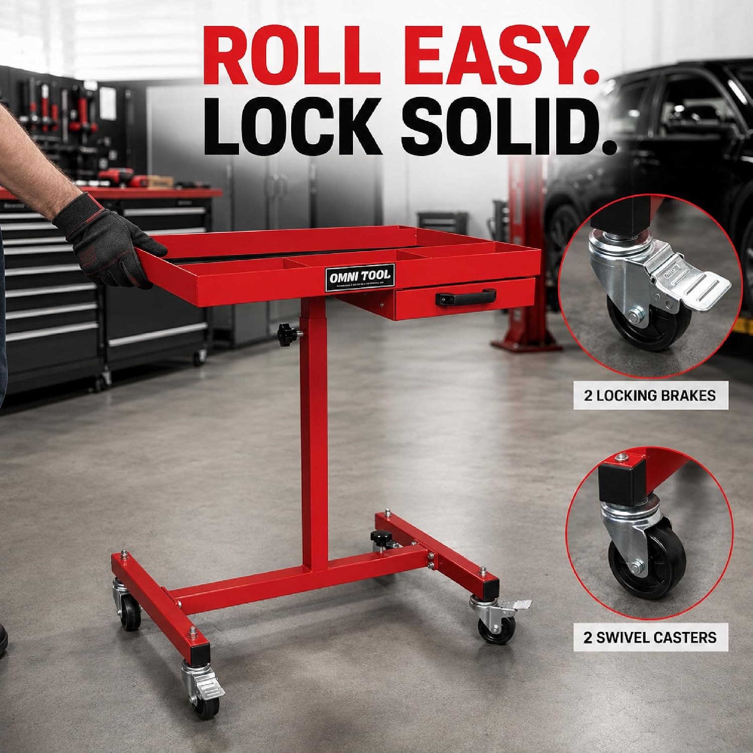 Rolling Work Table with Drawer, Adjustable Height & Width Mobile Tool Tray, 220 lb Capacity Steel Mechanic Cart with 4 Swivel Casters for Garage, Shop & Automotive Repair, Red [39102]
