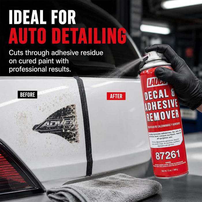 LAUCO Decal & Adhesive Remover – 13 oz Aerosol Spray – Removes Stickers, Tar, Wax, Oil, Bugs, Sap – Safe on Cured Paint, Vinyl & Fabrics – Single & Multi-Pack Options [87261] (1-Pack (13 oz))
