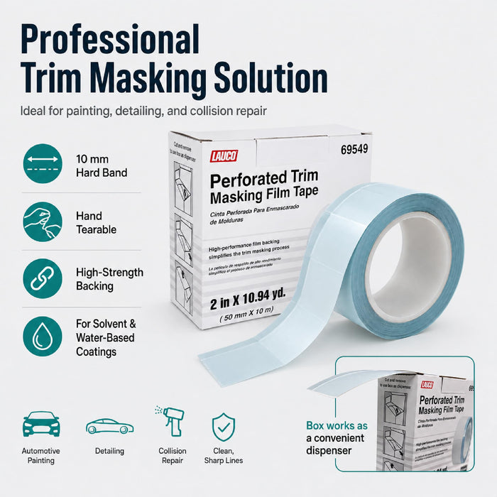 LAUCO Perforated Trim Masking Tape 69549, Molding Paint Protection, Trim Lifting Tape, Hand Tearing, 10 mm Hard Band, 50 mm x 10 m Auto Body Masking Film with High-Strength Backing 69549