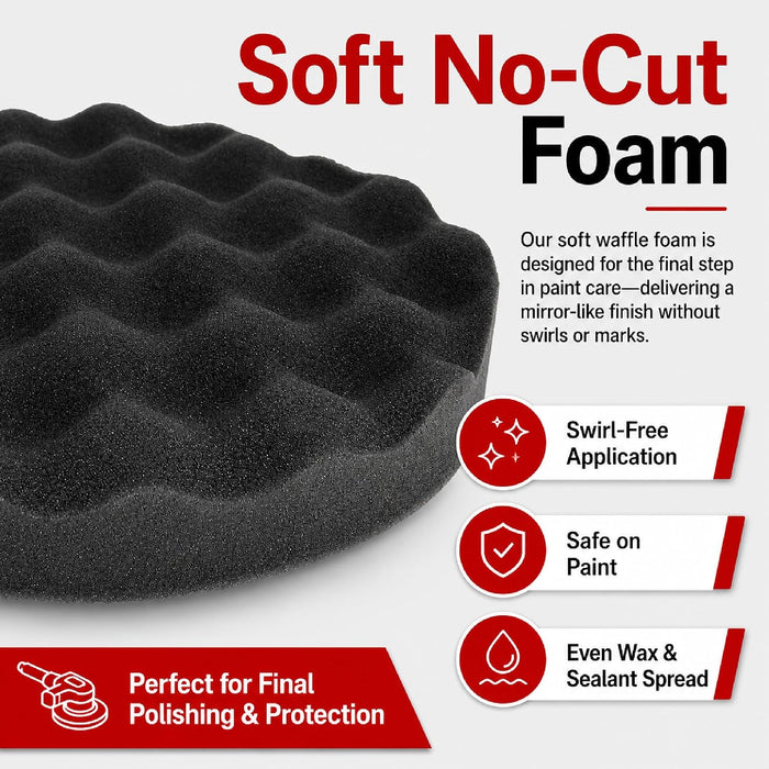 LAUCO Black Foam Waffle Buffing Pad – Single Sided - Final Buff Polish Wax - Hook & Loop – 8” inch (203.2 mm) 8998