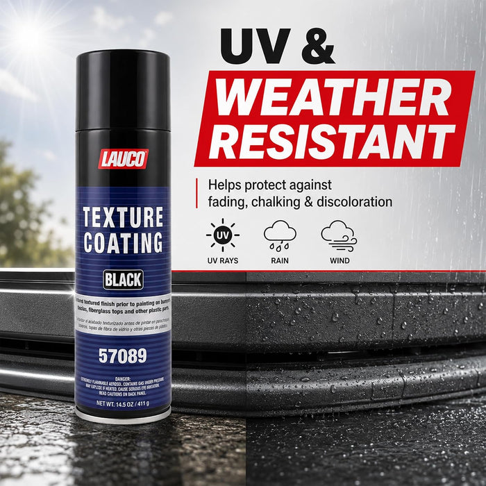 LAUCO Texture Coating Black 14.5 oz Aerosol Spray, Professional Automotive Trim and Bumper Refinisher, Durable Flexible Matte Finish for Plastic, Metal, and Fiberglass Surfaces, Easy Spray Application 57089