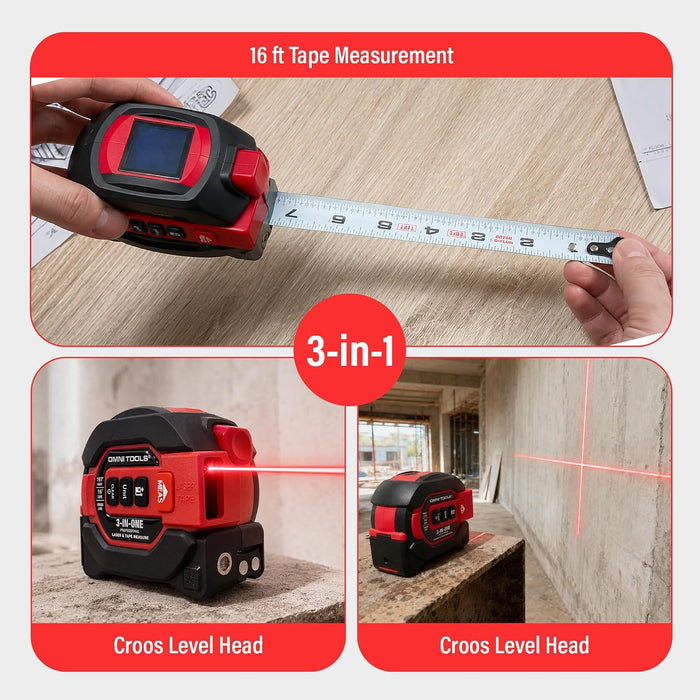 Laser Tape Measure 16 Ft, 3-in-1 Digital Laser Distance Meter with 197 Ft Range, Cross Level, Magnetic Hook, Auto-Lock Steel Tape for Construction, DIY and Home Improvement, 60831