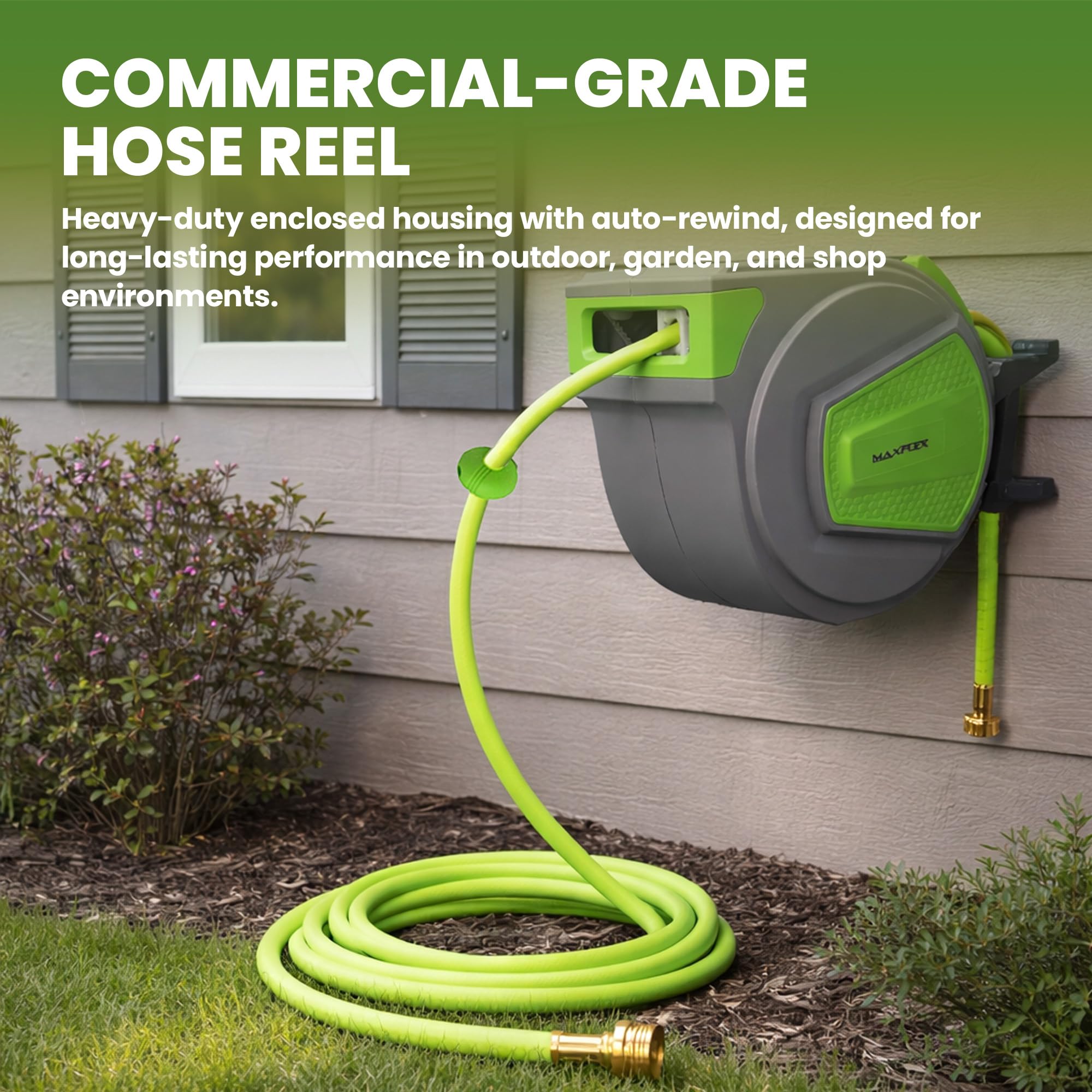 Heavy-Duty 50 ft Retractable Air Compressor/Water Hose Reel | 1/2" Hybrid Polymer 300 PSI Max | Enclosed Steel Case for Commercial & Industrial Use