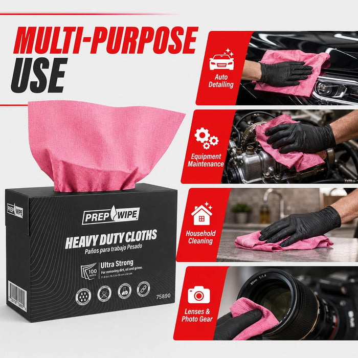 Prep Wipe Lint Free Cleaning Towels, Pink, 9" x 17" Heavy Duty Cleaning Cloths, Lint Free Wipes, Cleaning Cloths for House & Industrial Use, Disposable Cleaning Rags, Pack of 100 Sheets
