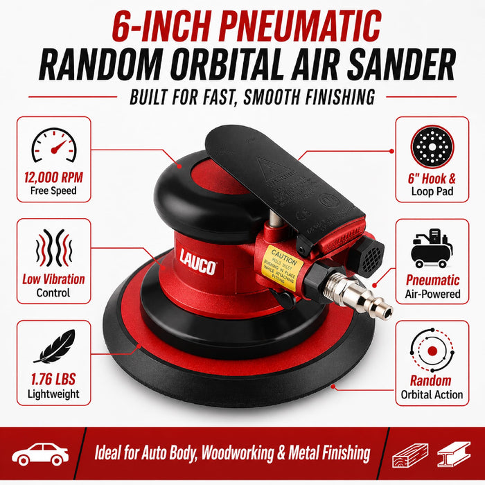 6-Inch Pneumatic Random Orbital Air Sander, 12,000 RPM, Low Vibration, 6" Hook & Loop Sanding Pad, Professional DA Air Sander for Auto Body, Woodworking & Metal Finishing