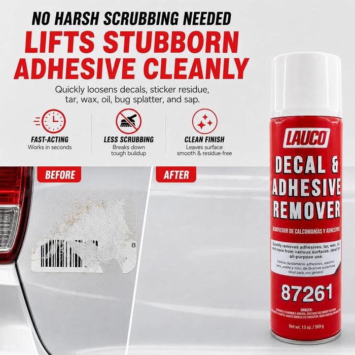LAUCO Decal & Adhesive Remover, 13 oz Aerosol Spray – Removes Stickers, Tar, Wax, Oil, Bugs, Sap – Safe on Cured Paint, Vinyl & Fabrics, Single & Multi-Pack Option Pack of 2