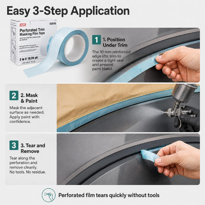 LAUCO Perforated Trim Masking Tape 69549, Molding Paint Protection, Trim Lifting Tape, Hand Tearing, 10 mm Hard Band, 50 mm x 10 m Auto Body Masking Film with High-Strength Backing 69549