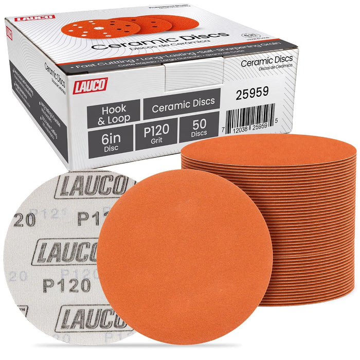 Premium 6" Hook and Loop Sanding Discs (Box of 50) - Hook and Loop Backing Discs for DA Orbital Sanders - Automotive Sanding Wood Furniture Finishing (GRIT-120) 25959