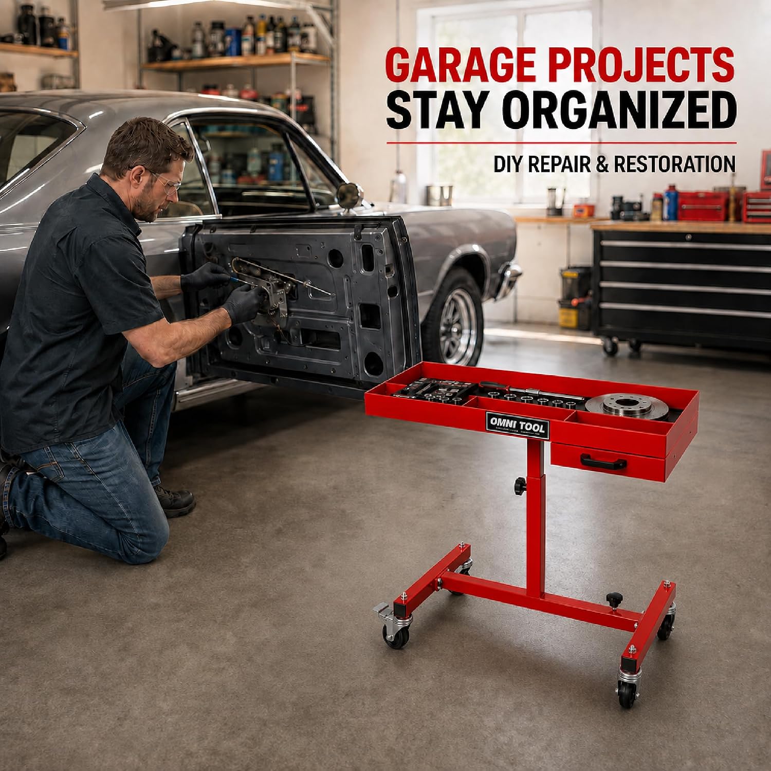 Rolling Work Table with Drawer, Adjustable Height & Width Mobile Tool Tray, 220 lb Capacity Steel Mechanic Cart with 4 Swivel Casters for Garage, Shop & Automotive Repair, Red [39102]